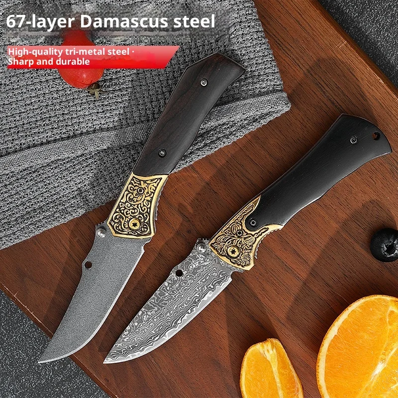 

Складной карманный нож из дамасской стали, 3-слойный стальной нож для чистки фруктов, портативный универсальный нож для разделки мяса на барбекю