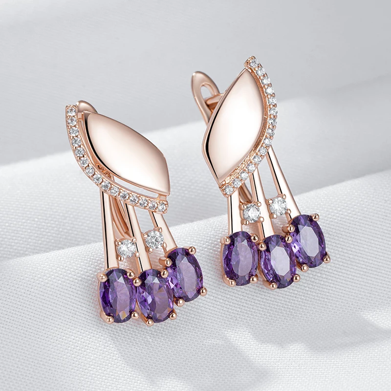 Kinel Hot Shiny Purple Natural Zircon English Earrings For Women Fashion 585 Rose Gold Color Crystal Flower Daily Fine Jewelry
