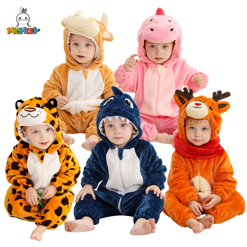 

MICHLEY NEW Kigurumi Baby Rompers Winter Costume Clothes Halloween Cute Cartoon Shark Jumpsuit Bodysuits Overall For Girl Boy