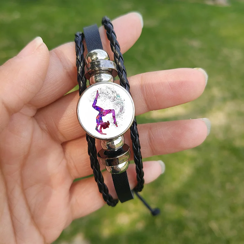 New Gymnast Theme Leather Bracelets Artistic Athlete Motif Round Glass Handmade Bracelet for Girl Women Souvenir Jewelry Gift