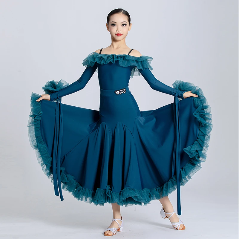 New Ballroom Dance Clothing For Girls Long Sleeved Big Swing Skirts Suit Waltz Tango Latin Modern Dance Performance Wear DN16677