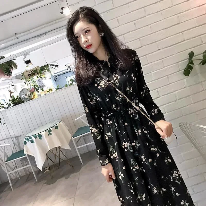 New Dot Long Sleeve Floral with Slim Waist Medium Length Skirt Casual es Vestidos Para Mujer Women Dress