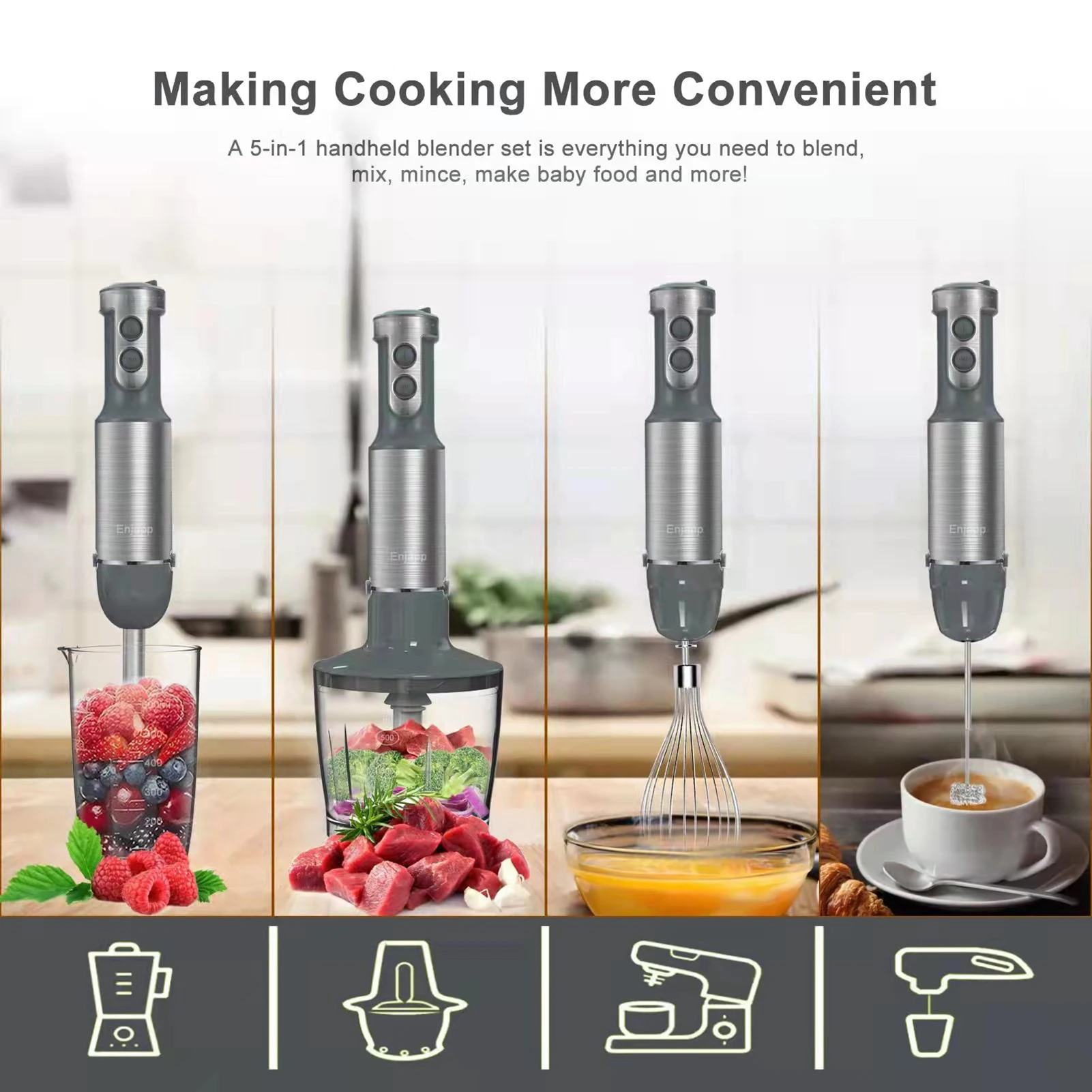 5-in-1 Electric Handheld Mixer Blender Milk Frother Egg Whisk and A Food Grinder 6 Speeds Adjustable for Whipped Cream US Plug