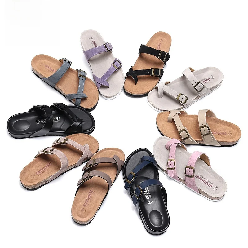 

Outdoor Cork Slippers for Women And Men Flat Sandals Slides High Heel T-Strap EVA Sole Cow Suede Material Spring Summer Shoes