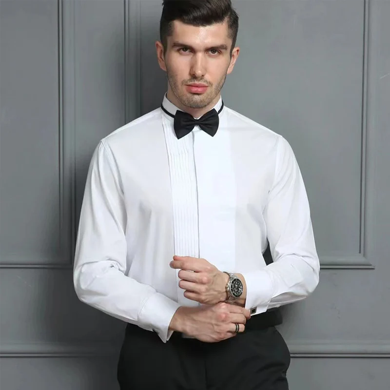 Classic Winged Collar White Dress Shirt For Mens Wingtip Tuxedo Formal Shirts Black Bow Tie Party Dinner Wedding Bridegroom Tops