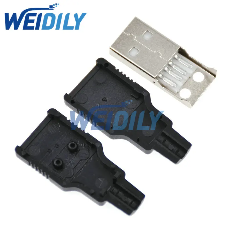 USB macho 4 Pin Plug Socket Connector, tampa plástica preta, tipo A, 5pcs