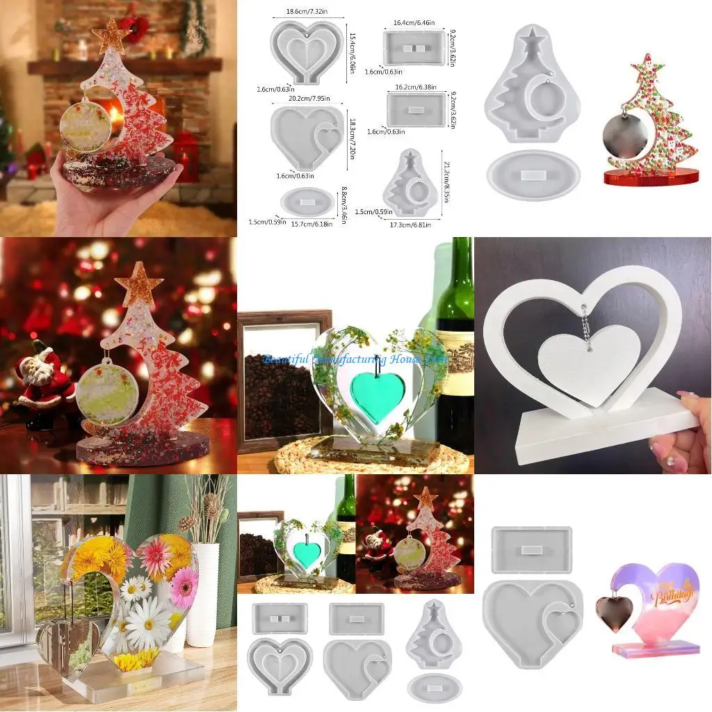 

E56A Photo Frame Silicone Mold with Base Double Loves Christmas Tree Epoxy Resin Casting Pendant Mold Suitable for Crafts