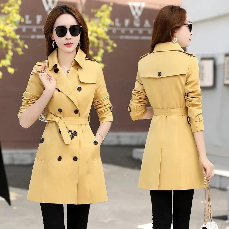 

Spring Autumn Women Classic Double Breasted Mid-long Trench Coat Female Casual With Belt Khaki Windbreaker Elegant Outerwear B