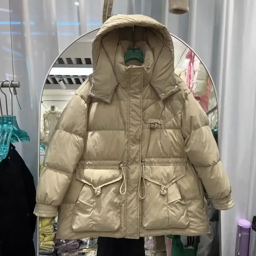 2024 New Down Jacket Women Fashionable Winter Down Jacket Loose Fitting Hood Thickened High-end Feel Waisted White Duck Coat