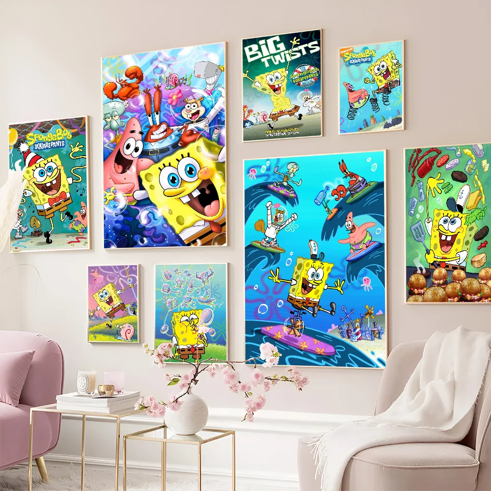 Anime S-SpongeBob S-SquarePants DIY Sticky Poster Whitepaper Prints Posters Artwork Vintage Decorative Painting