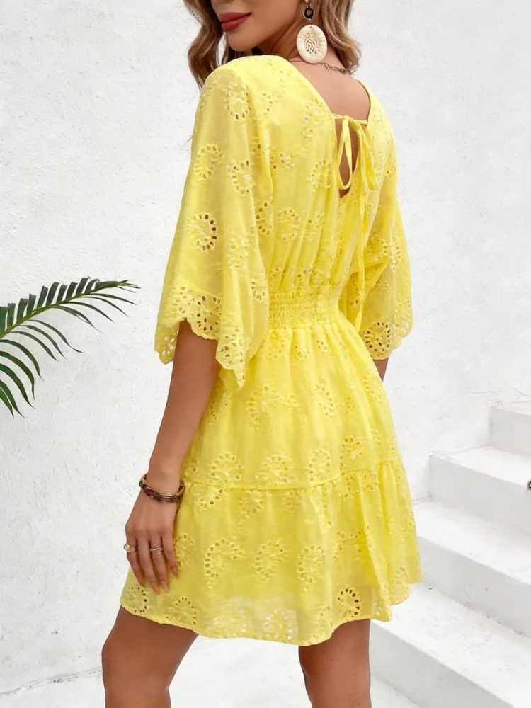 Women's Yellow V-Neck Half Sleeve Dress Eyelet Embroidery Smocked Waist Ruffle Short Dressl Summer Beach Vacation Party Dress