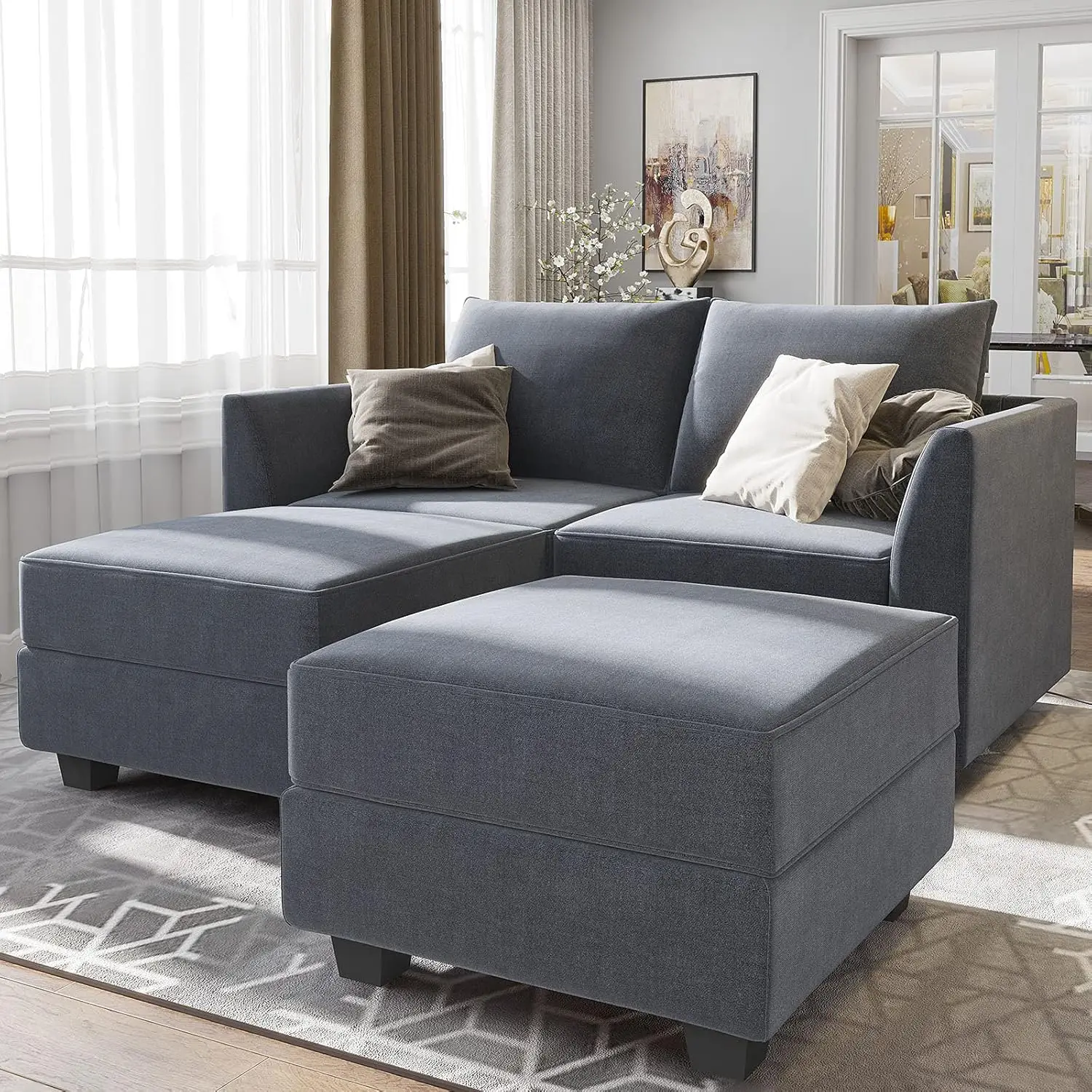 Sectional Sofa with Chaise Modern L Shape Couch with Ottoman Modular Sofa Couch with Reversible Chaise Bluish Grey