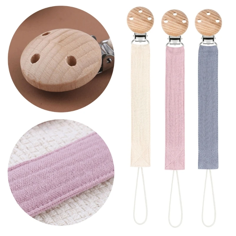 3Pcs  Chain Fabric for Girls Boys Infant Toddlers Baby Pacifier Holder with Wood Clip Pacifier Leashes Teething Toy