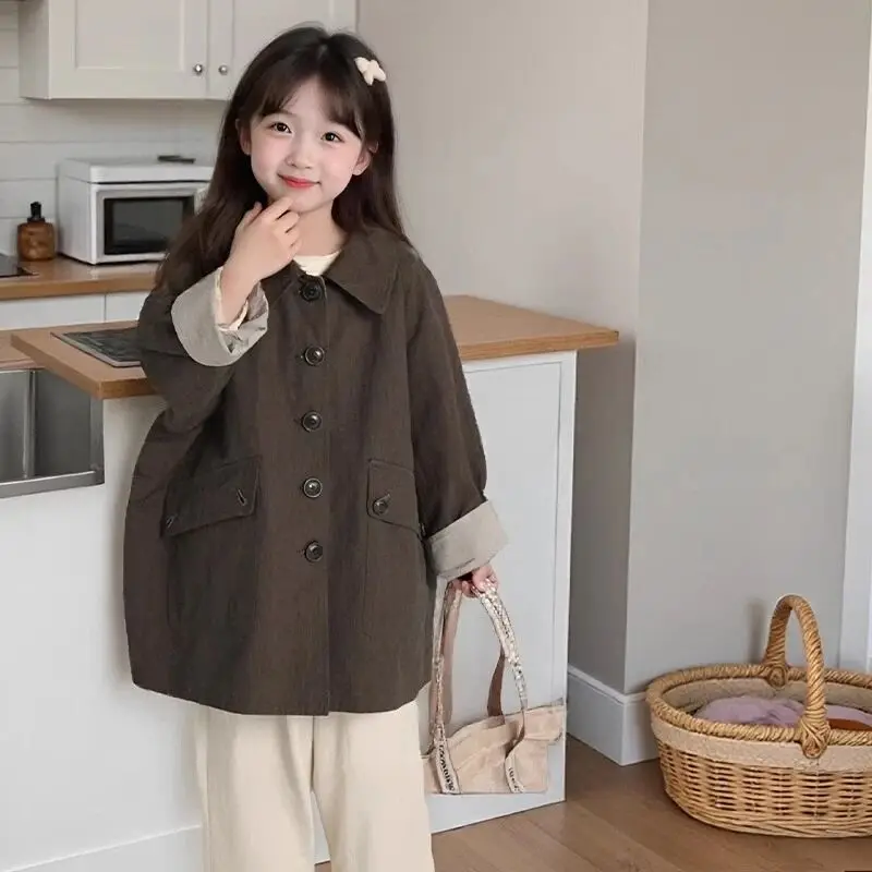 

110-170cm Teenage girl trend coat Spring and Autumn new style children's retro loose windbreaker jacket