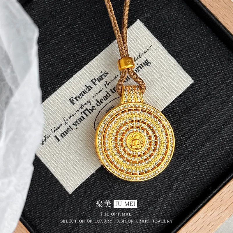 

New Chinese style au999 24K real gold full diamond ancient style filament hollow formless Buddha pendant rope necklace