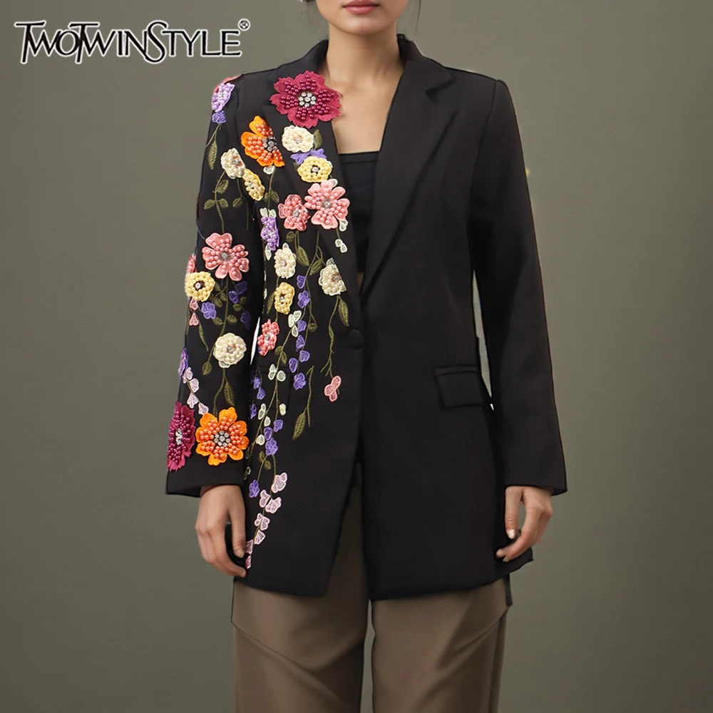 TWOTWINSTYLE Colorblock Loose Spliced 3D Flower Casual Blazer for Women Lapel Long Sleeves Patchwork Bead Fashion Blazer Female