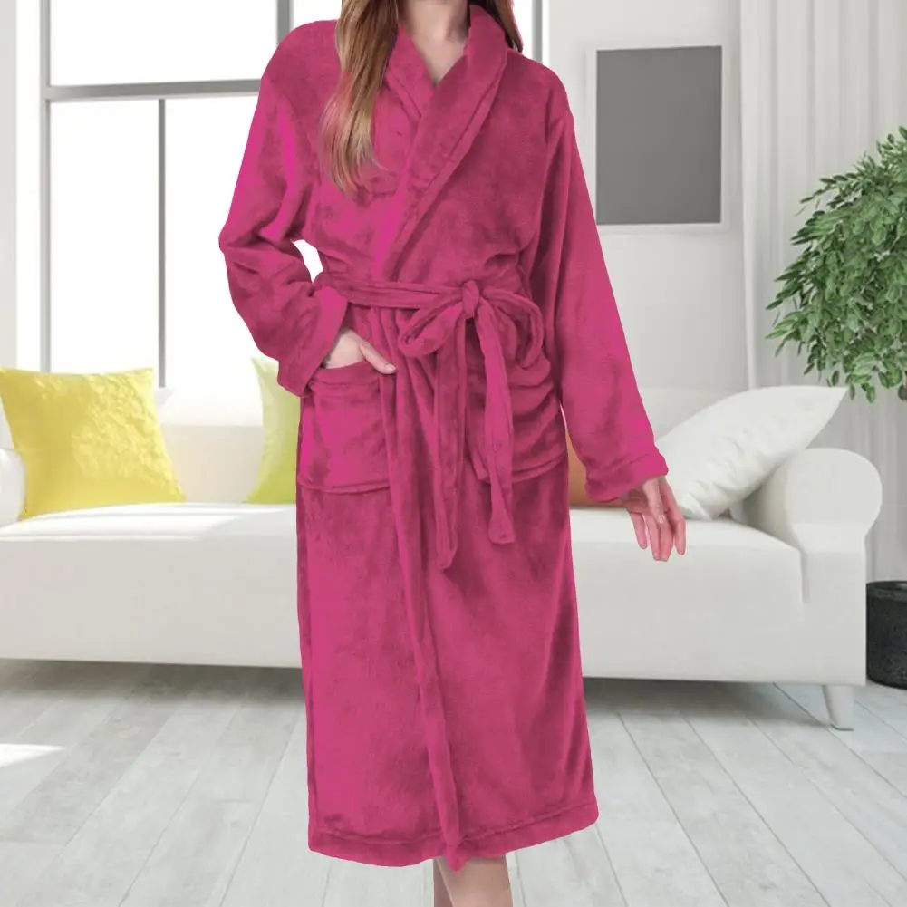 

Women's Flannel Robe Thick Warm Coral Fleece Bathrobe Pockets Winter Soft Plush Long Nightgown Sleepwear Intimate Kimono Gown