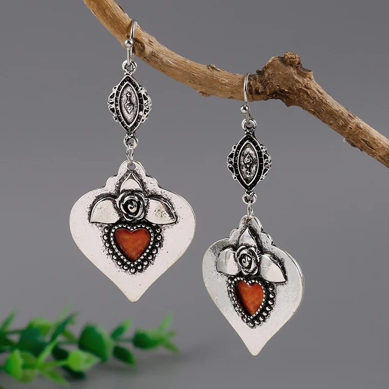 Bohemia New Antique Red Stone Earrings Ethnic Jewelry Silver Color Handmade Flower\'s Dangle Hook Earrings for Women