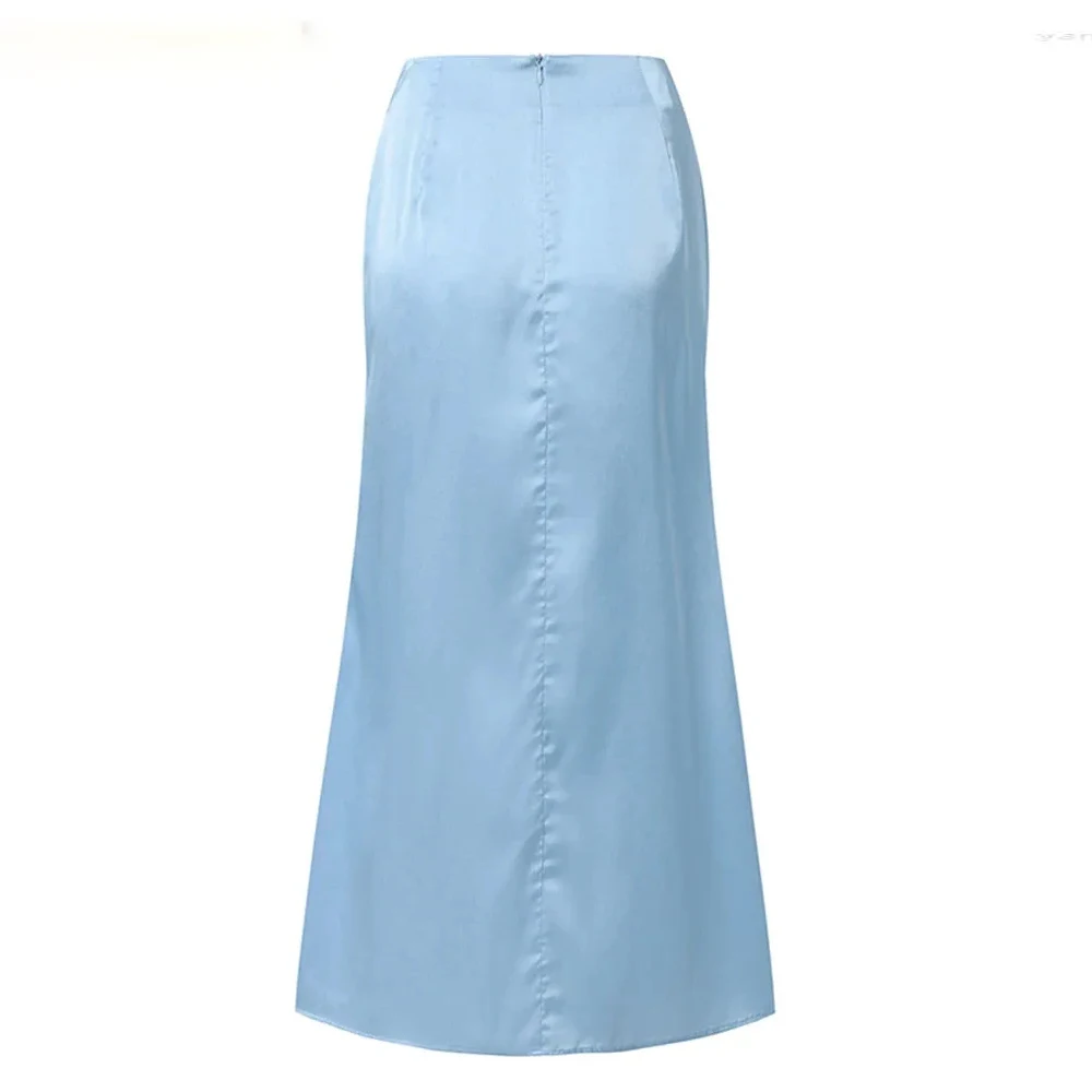 Light Sky Blue Satin Skirts Girls Birthday Party Women Prom Party Formal Wear Ruffles A Line Skirt  Wedding Guest  Skirts