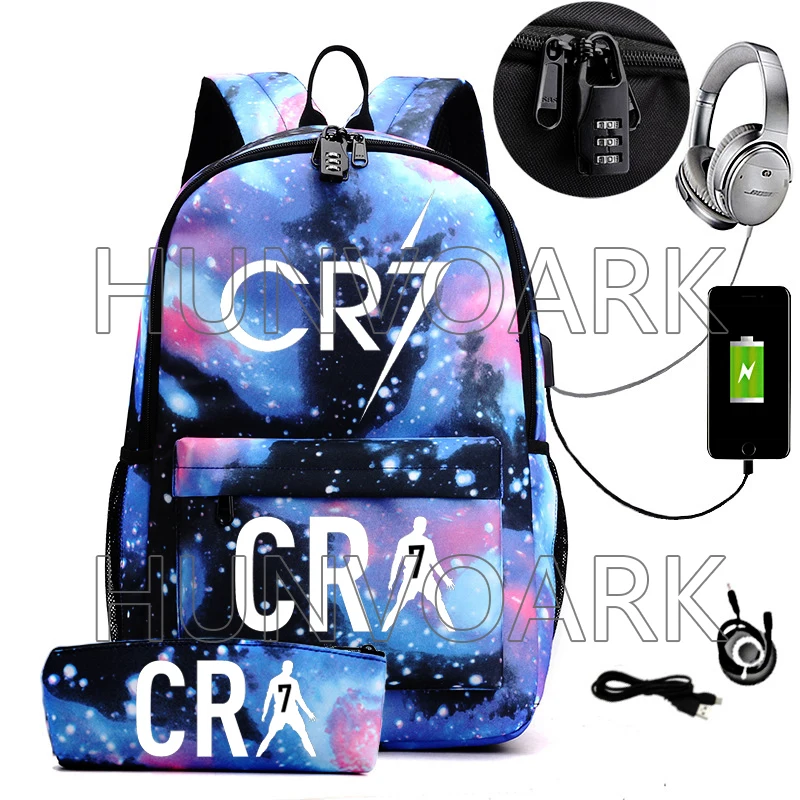 CR7 Mochila Laptop USB para Homens e Mulheres, Mochilas Escolares, Grande Capacidade, Impermeável, Carga USB Externa, Adolescentes Mochilas, 2PCs