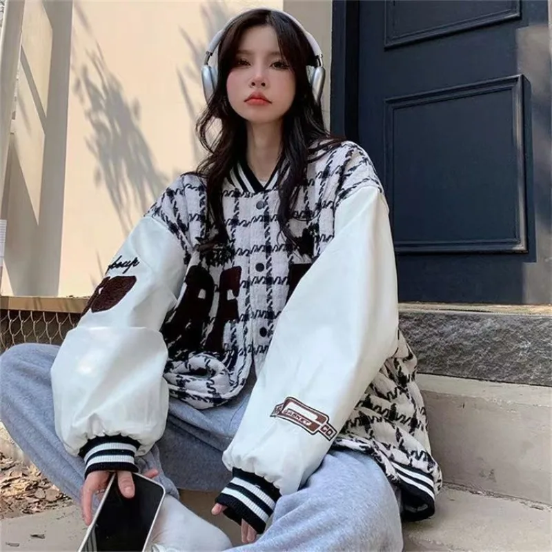 DAYIFUN Girls' Baseball Uniform Jacket Autumn Winter Loose Korean Fashion Oversized Tops Female Preppy Style Vintage Streetwear