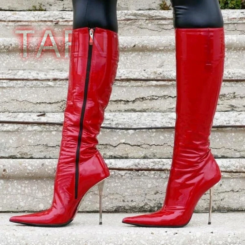 

Сапоги до колена из лакированной кожи с острым носком, женские роскошные длинные сапоги на высоком каблуке, сапоги на шпильке, большие размеры, обувь для подиума и вечеринки