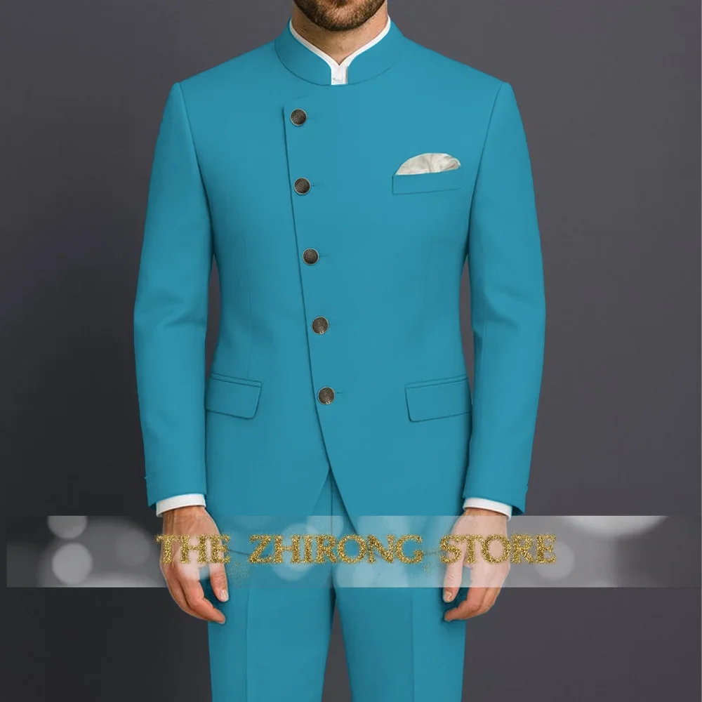 

Gothic Lake Blue Men's Suit 2-piece Placket Jacket Pants Slight Stretch Set for Wedding Cocktail Formal Events Custom Tuxedo