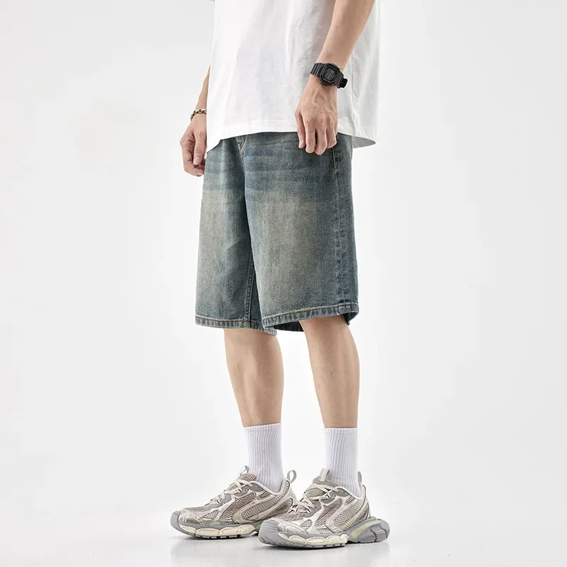 

Summer Fashion American Men's Casual Trendy Straight Wide Leg Loose Washed Retro Blue Knee Length Jean Shorts Male Denim Clothes