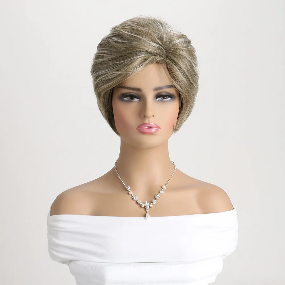 Synthetic Flax Brown Mixed Light Gold Wigs for Women Short Pixie Cut Hair Wigs With Bangs Party Daily Use Wig Heat Resistant