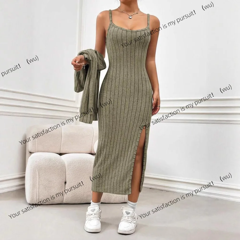 ヨーロッパ、アメリカの秋冬向けニットツーピースセット、スプリットエンドの長袖サスペンダードレスセット