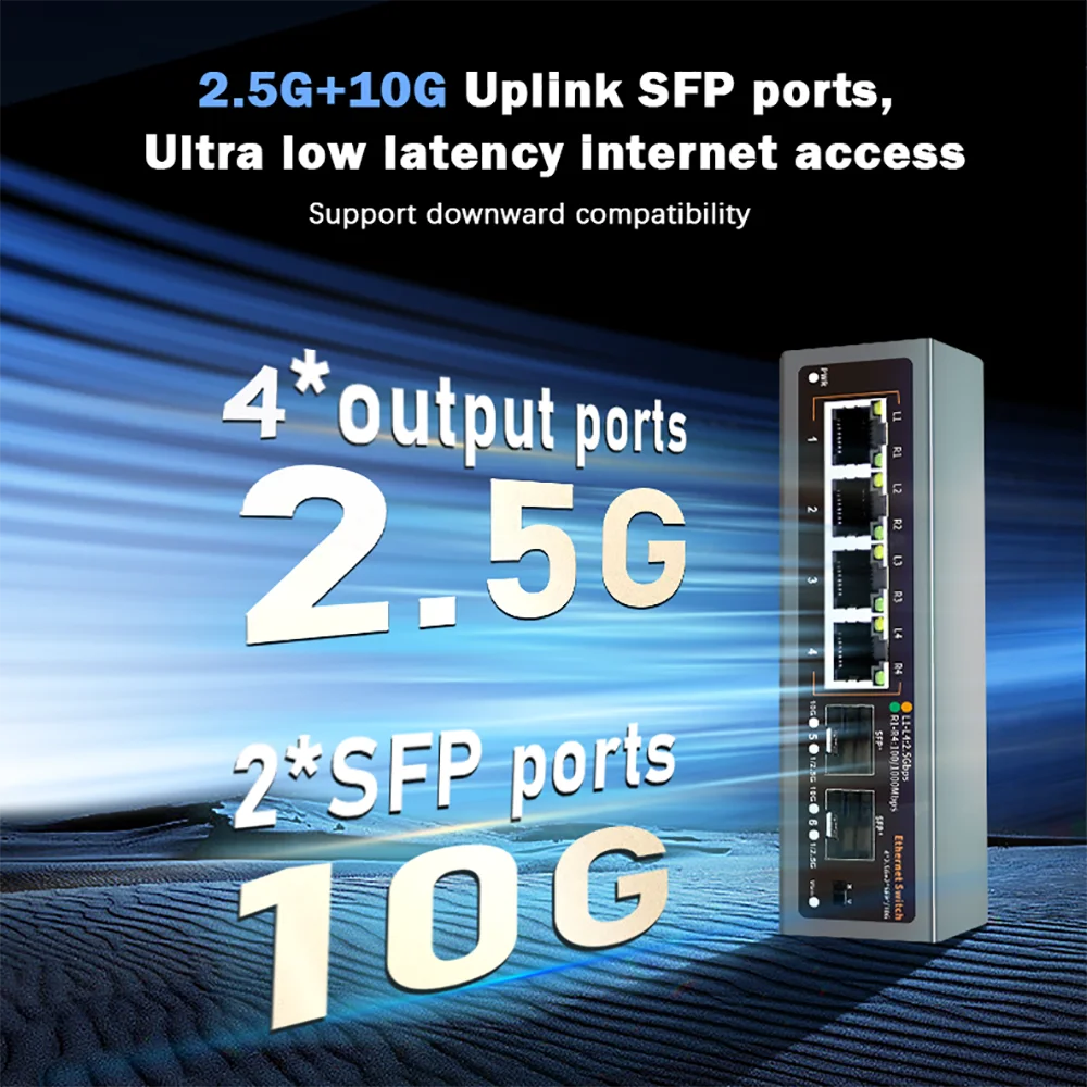 2.5Gbps Network Switch 4+2 Port 2500Mbps Ethernet Switcher 2 Port 10G SFP+ Slot
