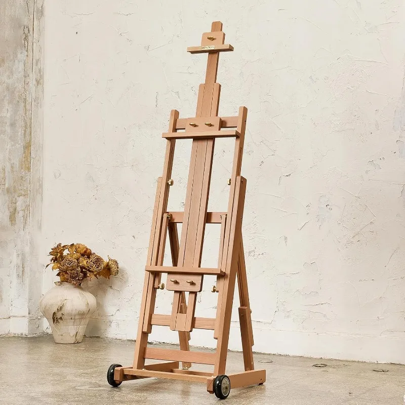 

H Frame Artist Easel for Painting- Solid Beech Wood Art Studio Easel Stand with Wheels - Hold 2 Canvases up to 78", Adju