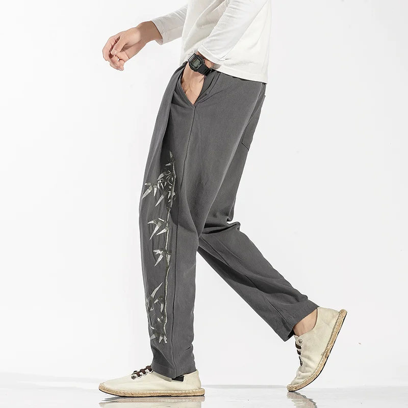 Chinese Style Bamboo Embroidery Casual Pants Plus Size Cotton Linen Harem Pants Men Clothing 2022 Retro Oversize Trousers Male