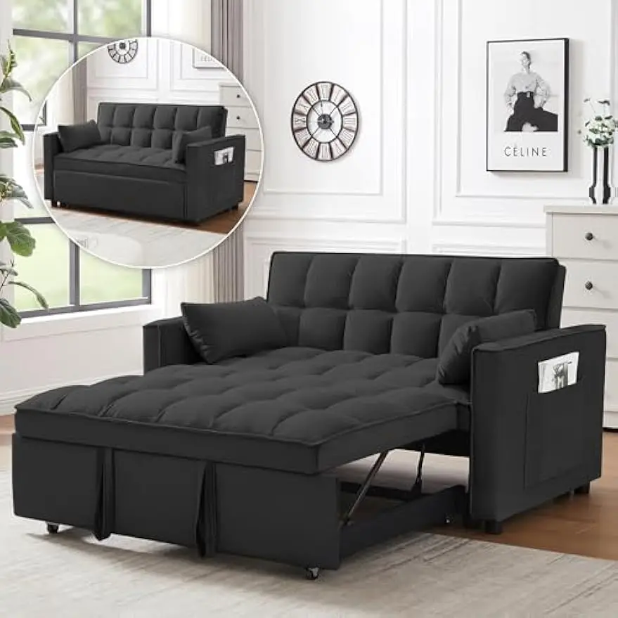 3 in 1 Convertible Sleeper Sofa Bed, Futon Couches for Living Room with Side Pocket | Adjustable Backrest| Velvet Fabric