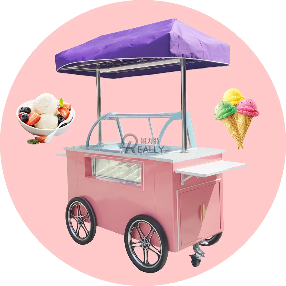 Fried Yogurt Display Cart Frozen Ice Cream Freezer Trolley Small Outdoor Mobile Vending Cart Flower Cart