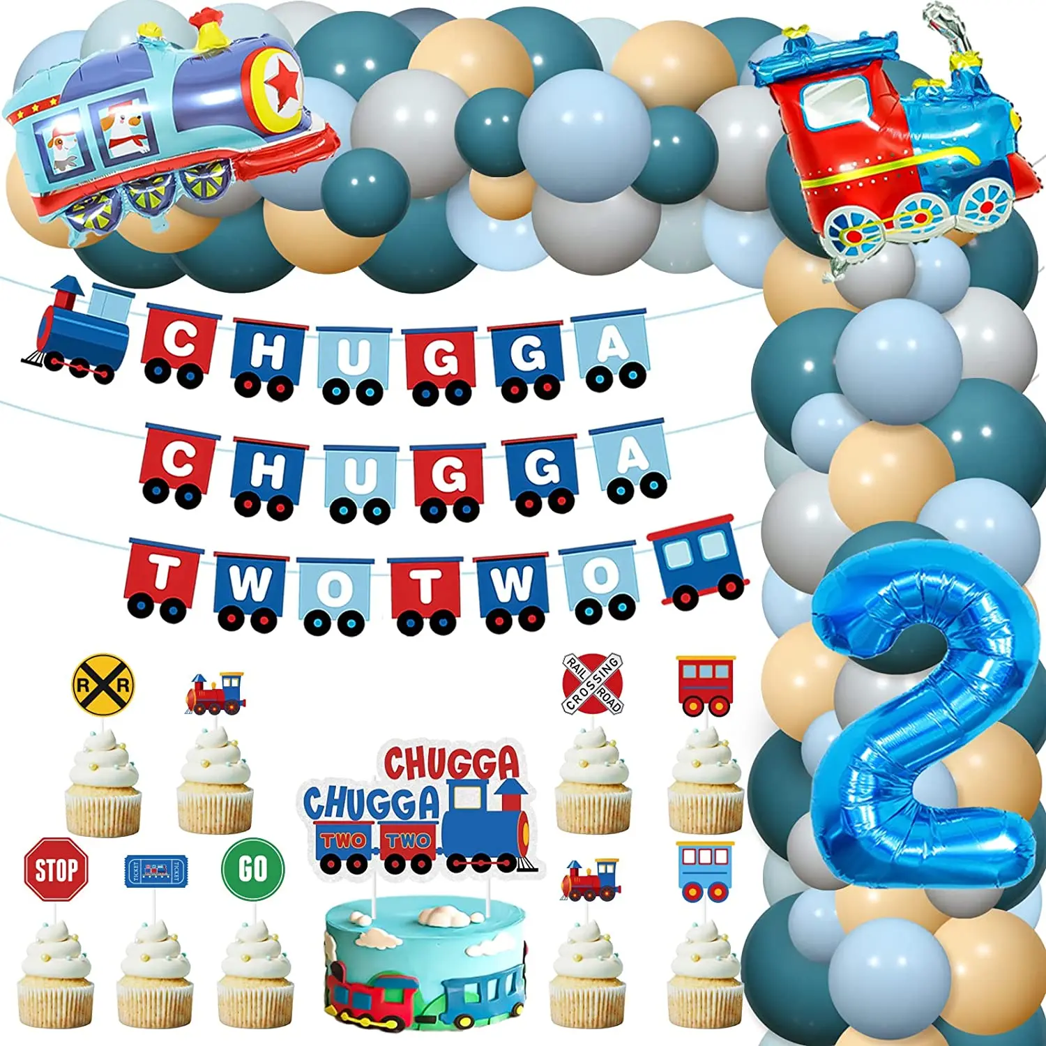 Train Balloon Garland Kit for Boys, Birthday Party Decorations for Kids, Chugga Chugga, Two, 2, Railroad, 1st Birthday Supplies