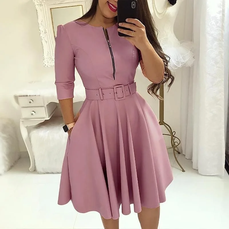 Elegant Women Solid Half Sleeve Party Dress Autumn Casual Zipper Knee-length Midi Dresses Ladies Big Swing Club Dress Vestidos