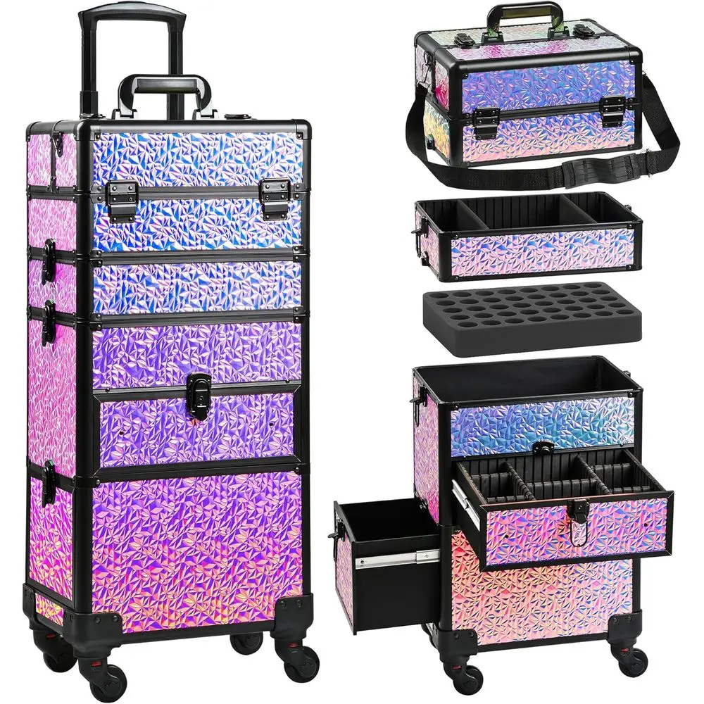 

Portable Rolling Makeup Train Case with Drawers, Large Organizer for Salon Professionals, Black & Colorful Design