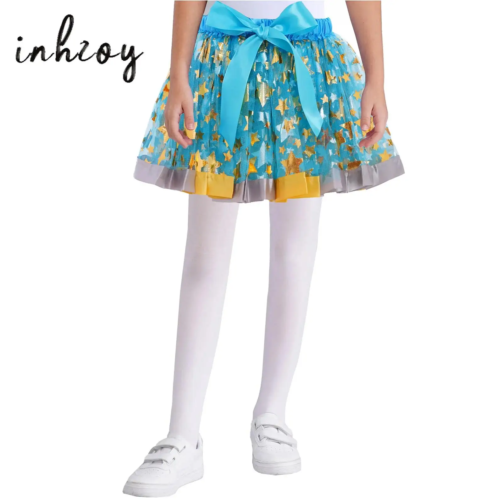 

Kids Girls Ballet Skirt Shiny Sequins Layered Tulle Tutu Skirt with Bowknot and Lining Birthday Party Stage Performance Costume
