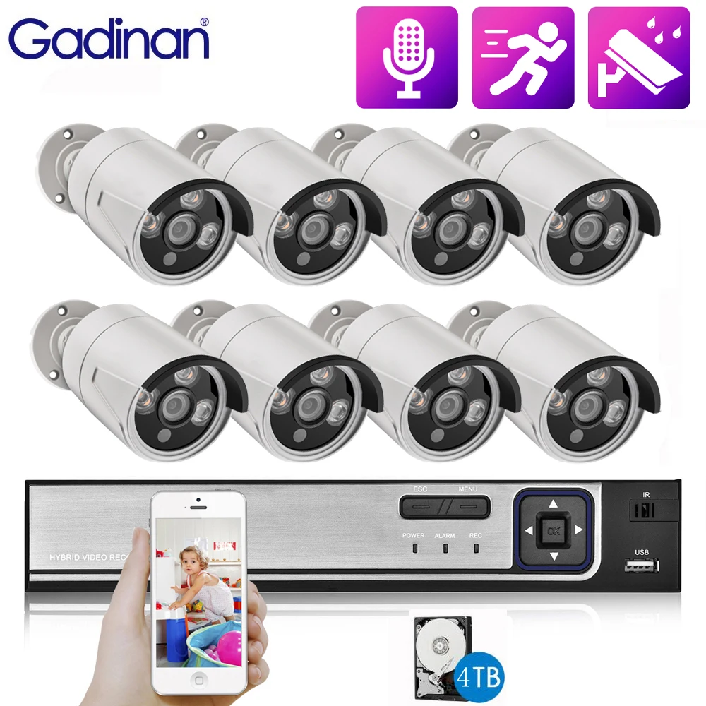 

Gadinan Outdoor Audio Record CCTV System 8CH 4MP POE NVR Surveillance Set H.265+ Motion Detection P2P IP Camera 3.6mm XMEye