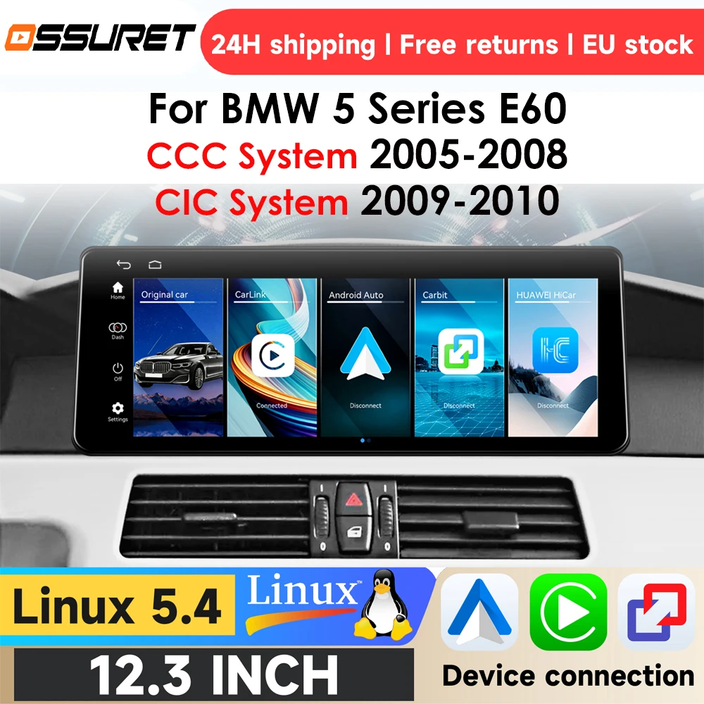 OSSURET 10.25" 12.3" Autoradio Linux per BMW Serie 5 E60 Sistema CCC 2005-2008 Sistema CIC 2009-2010 Supporta Carplay Android Auto Mirror Link Navigatore GPS BT5.0 Spedizione Veloce