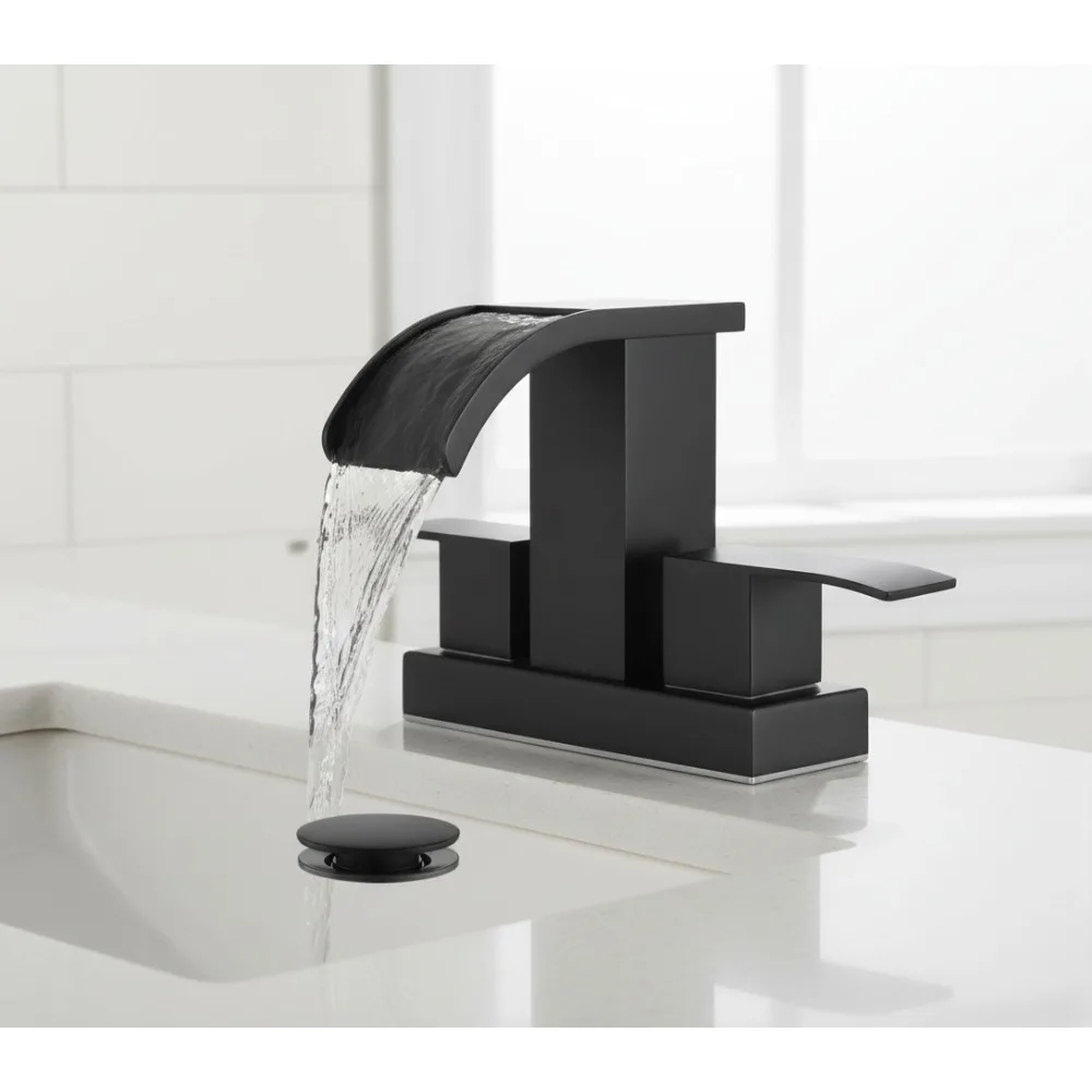 

Waterfall Bathroom Sink Faucet 2 Handle Basin Modern Mixer Tap Matte Black with Pop Up Drain