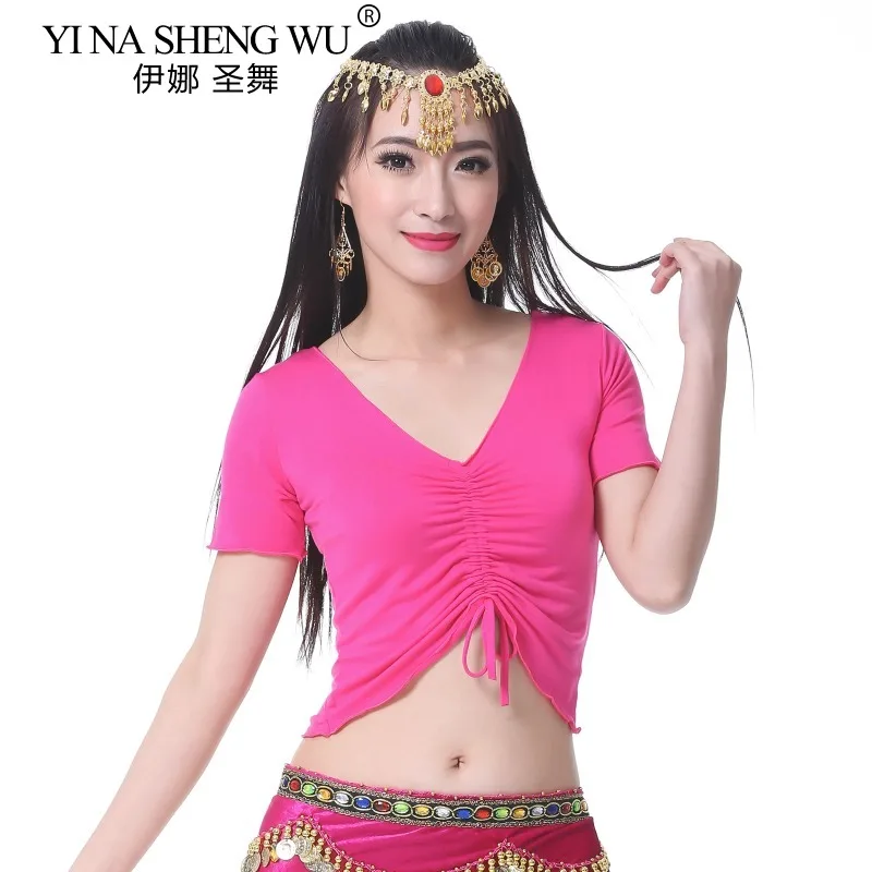 Costume di danza del ventre delle nuove donne Reggiseno superiore Manica corta Pieghettato Danza del ventre Pratica di yoga Top Coulisse Pieghettato Moda 9 colori
