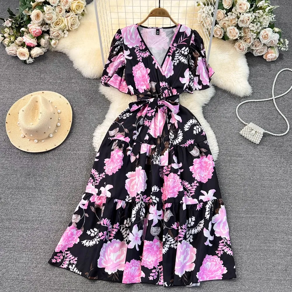 YuooMuoo Vacation Fashion Floral Print Women Dress Summer Bohemian Sash Bandage Long Beach Dress Chic Korean Party Vestidos