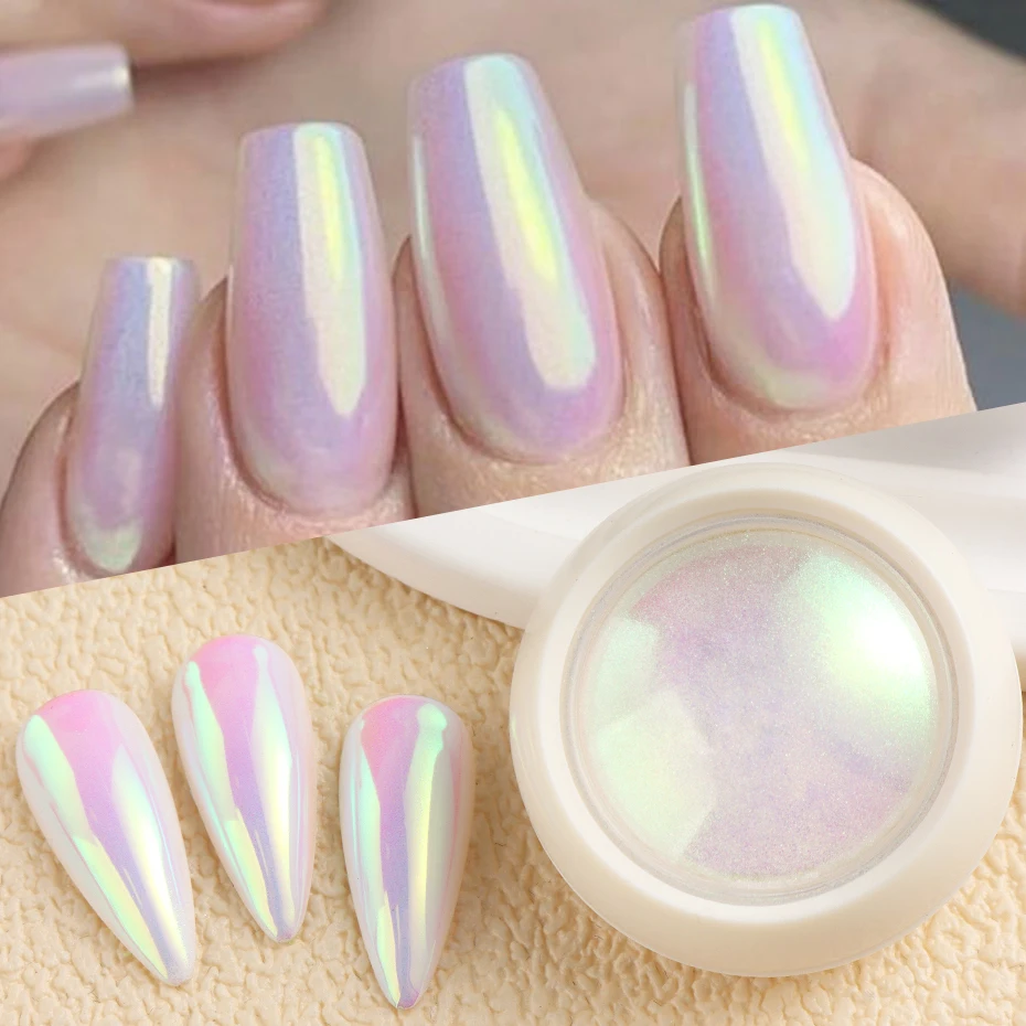 يونيكورن كروم مسمار مسحوق النيون أورورا مرآة التقزح اللوني مسمار الصباغ حورية البحر اللؤلؤ تأثير بريق ماكياج مسمار الفن زينة #3