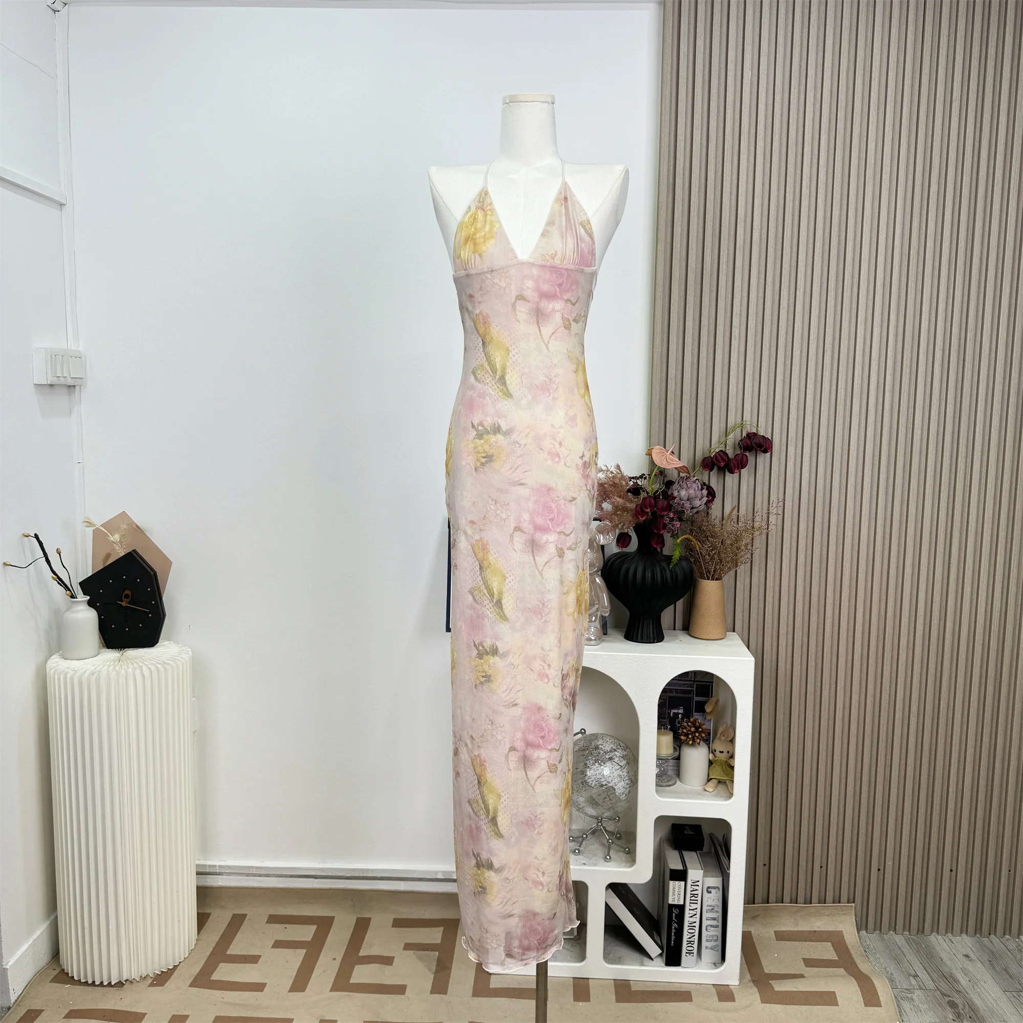 

Flower Print Halter Dress Women's Backless Bodysuit Fish Tail Long Skirt Princess Sleeve V-Collar Mini Dress Evening Dresses