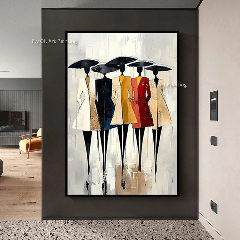 Hand Painted Grey Beige Black Women With Unbralle Canvas Artwork Special Design Decor Gray Red People Walking Oil Painting