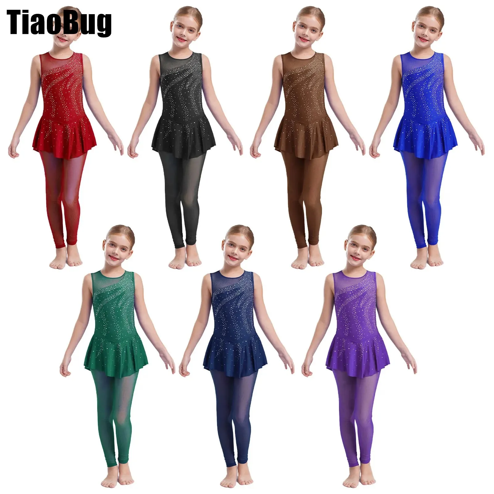 

Kids Girls Gymnastics Dance Skirted Jumpsuit Keyhole Back Ankle Length Shiny Rhinestones Leotard Bodysuit for Performance
