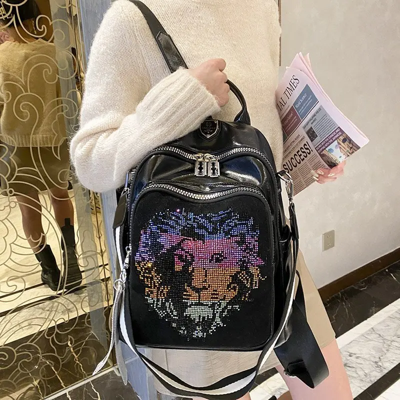 New Soft Leather Womens Backpack Fashion Trend Bright Diamond Animal Pattern Female Single Shoulder Bag Large Capacity Girl Bags