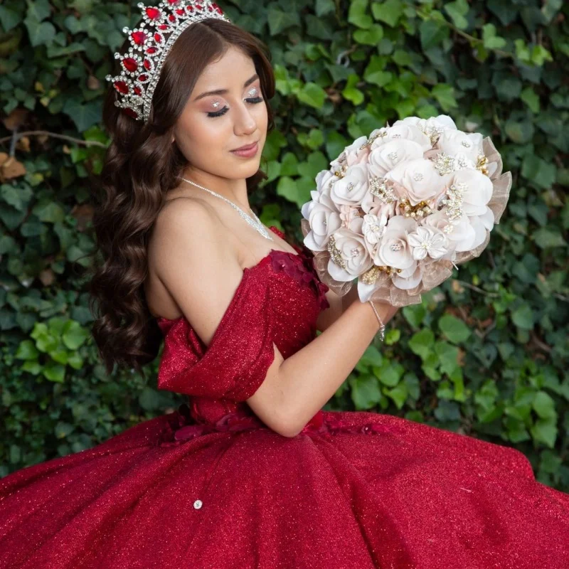 

Shiny Red Quinceanera Dress off-shoulder Crystal Glitter Decal Long tail Layering Vestidos De 15 Quinceanera ﻿Customize